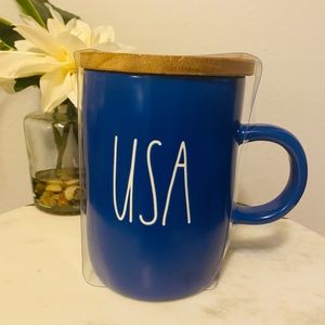 Rae Dunn USA Blue Mug with Coaster Lid New